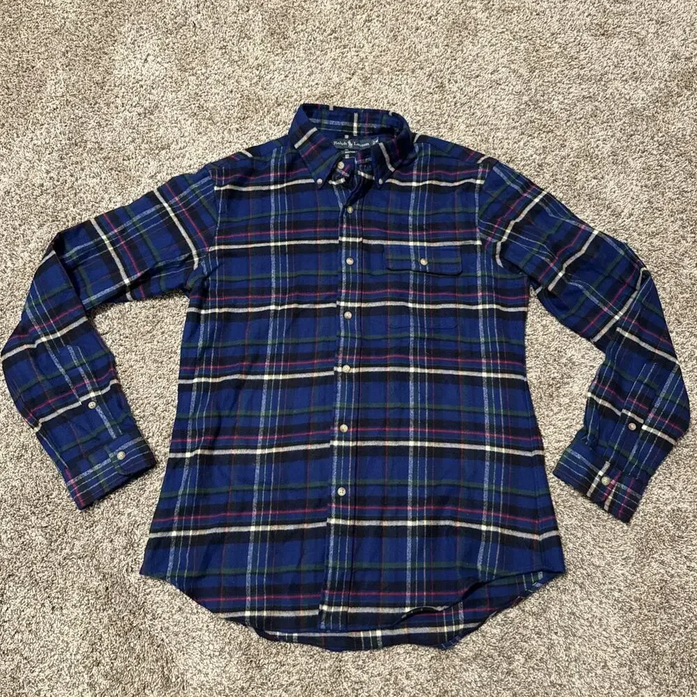 Polo Ralph Lauren Mens M Blue Plaid Flannel Long Sleeve Shirt Warm 100% Cotton